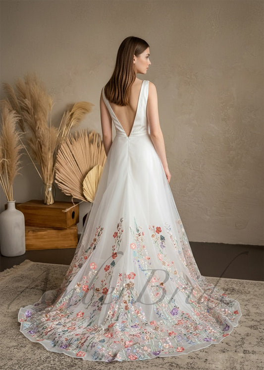 STOCK SELL-OUT: Romantic Satin Wedding Dress with Floral Organza Skirt