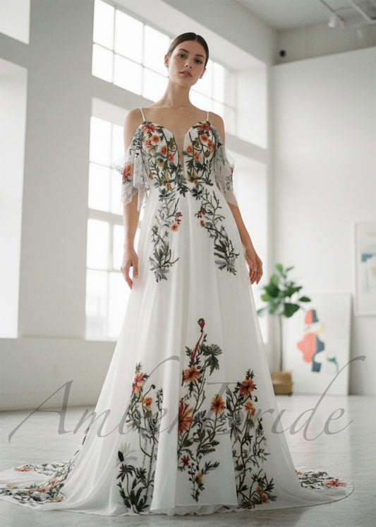 Forest Floral Chiffon Wedding Dress with Off Shoulder Embroidered Bodice