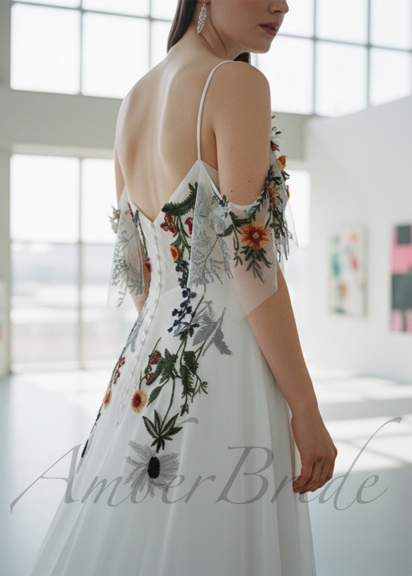Forest Floral Chiffon Wedding Dress with Off Shoulder Embroidered Bodice