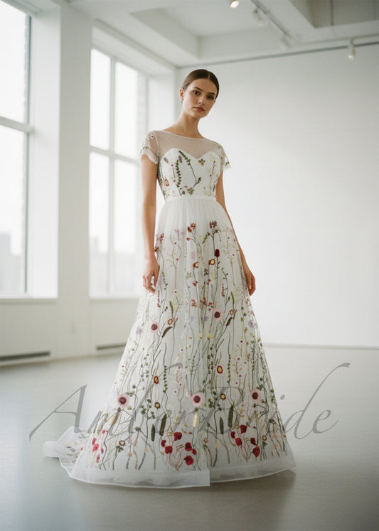 Romantic A-Line Wedding Dress with Colorful Embroidered Flowers