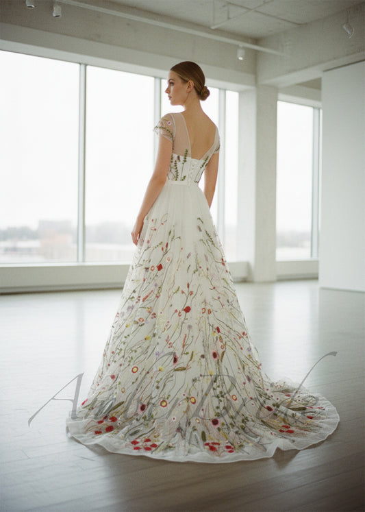 Romantic A-Line Wedding Dress with Colorful Embroidered Flowers