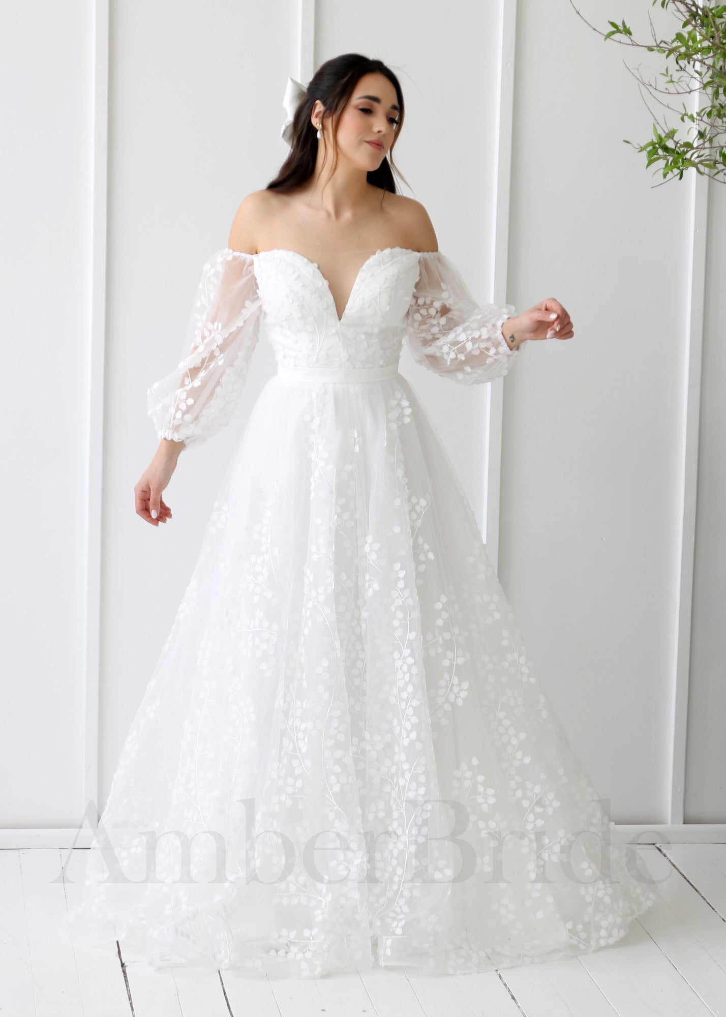 Bird decoration long off shoulder wedding dress main image 1