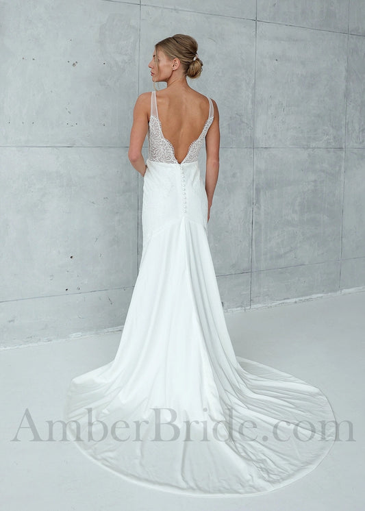 Boho Sheath Backless Wedding Dress with Lace Top and Soft Crepe Skirt
