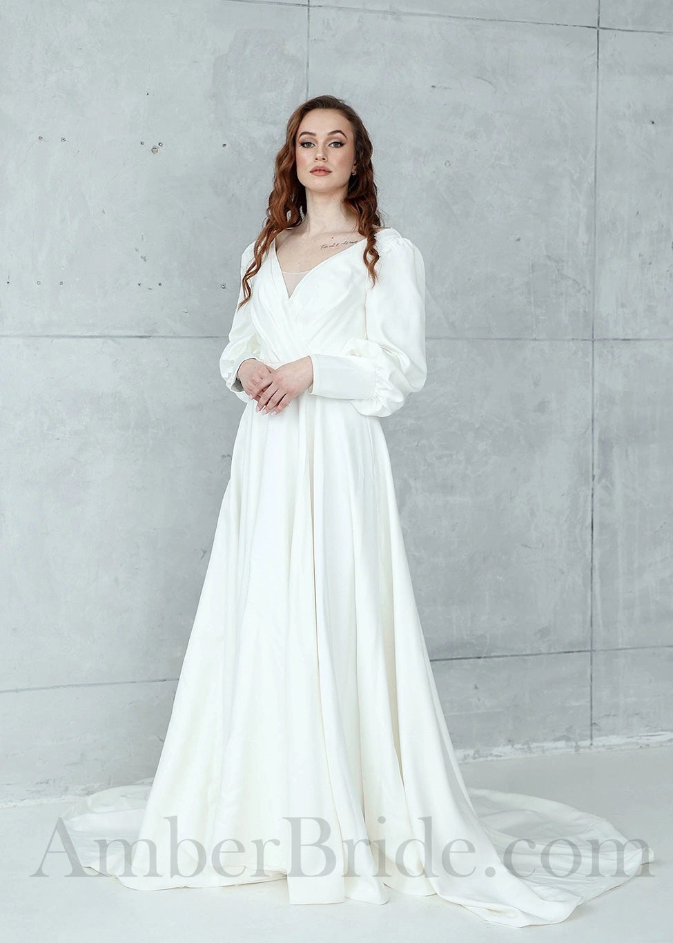 Elegant Satin A-Line Wedding Dress with Bishop Sleeves | AmberBride Elegant Satin A-Line Wedding Dress with Bishop Sleeves | AmberBride