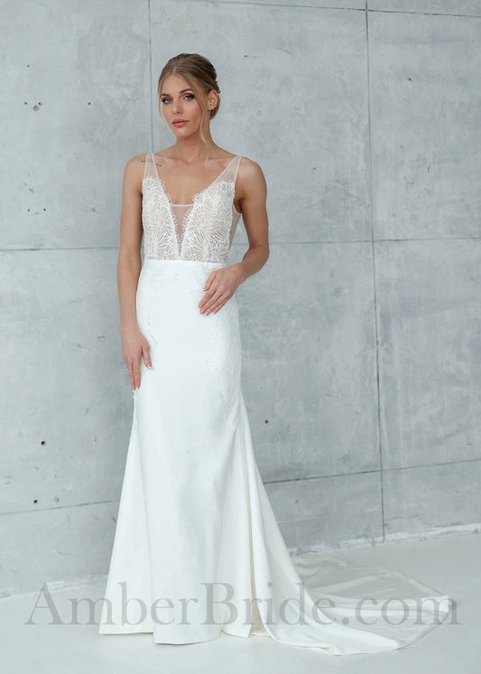 Boho Sheath Backless Wedding Dress with Lace Top and Soft Crepe Skirt