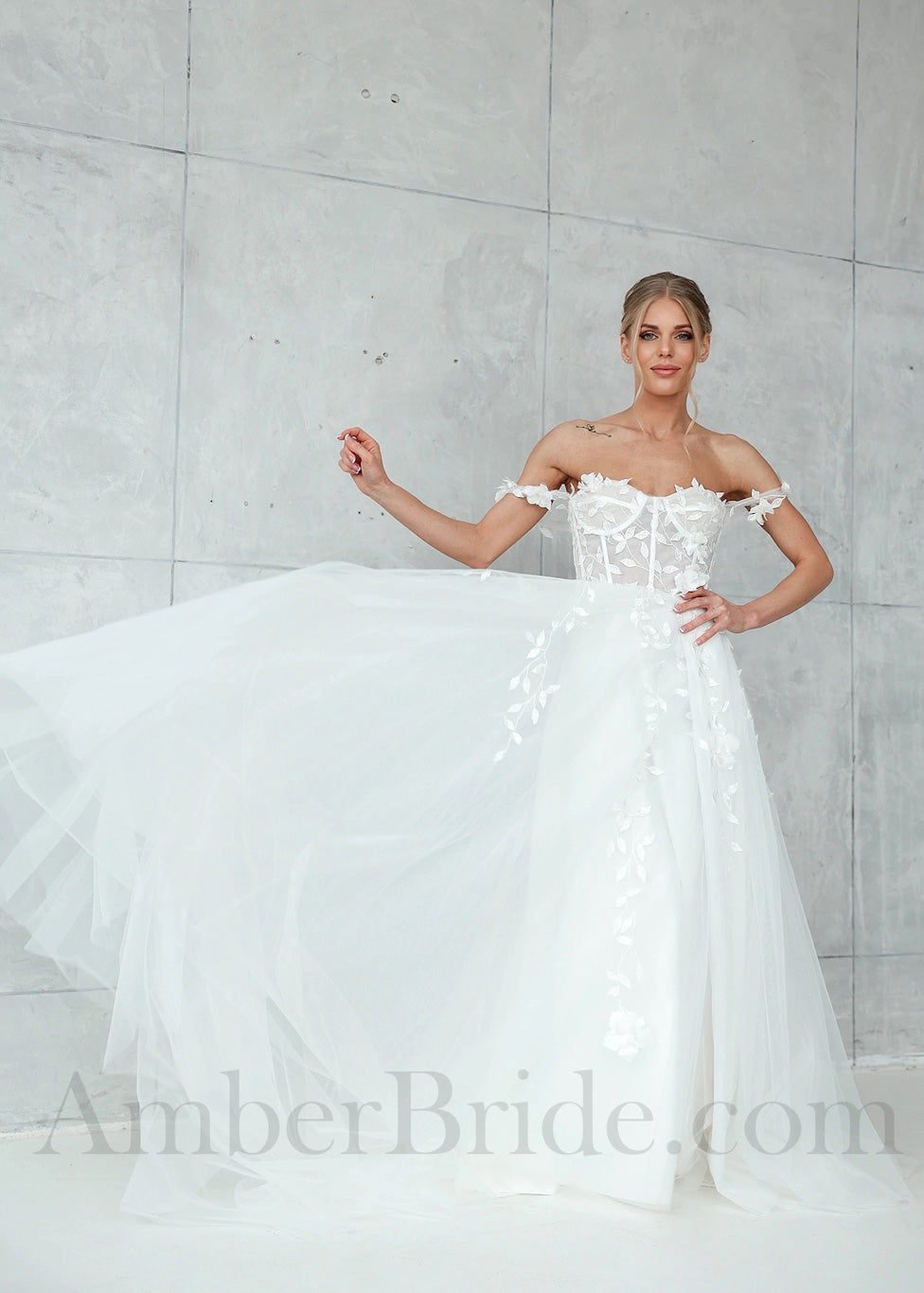 Rustic A-Line Off Shoulder Tulle Wedding Dress with Flower Appliques