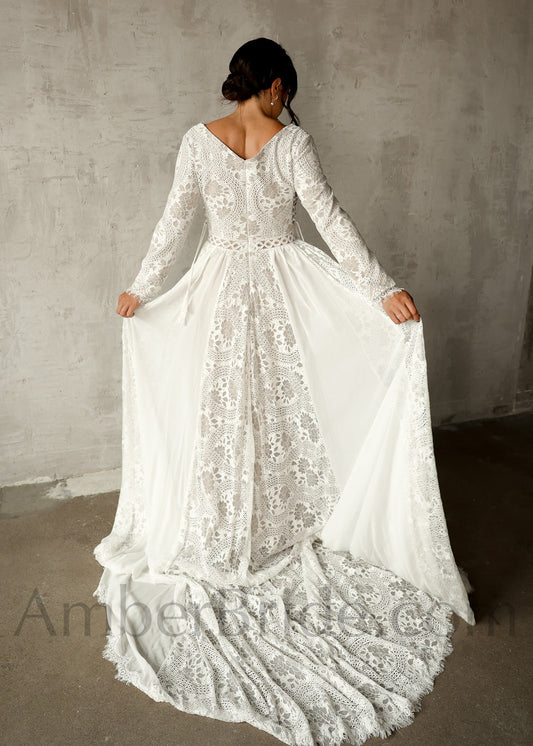 Unique Bohemian Lace and Chiffon V-Neck Wedding Dress with Long Sleeves