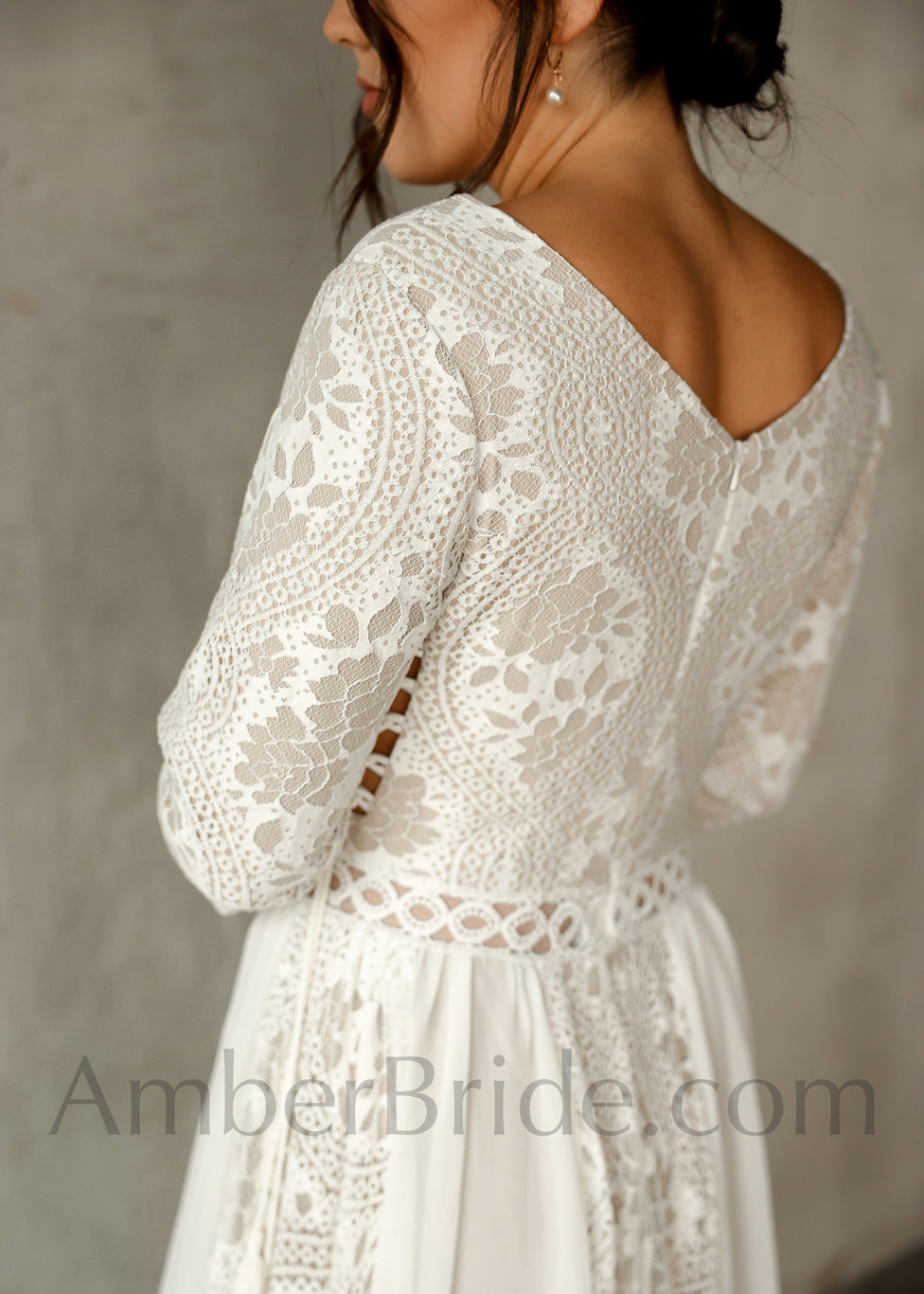 Unique Bohemian Lace and Chiffon V-Neck Wedding Dress with Long Sleeves