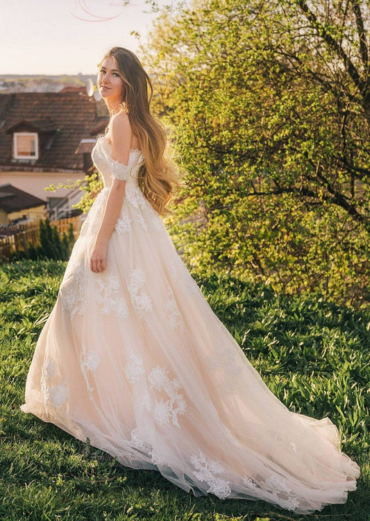 Boho A-Line Off-Shoulder Wedding Dress with Flower Appliques