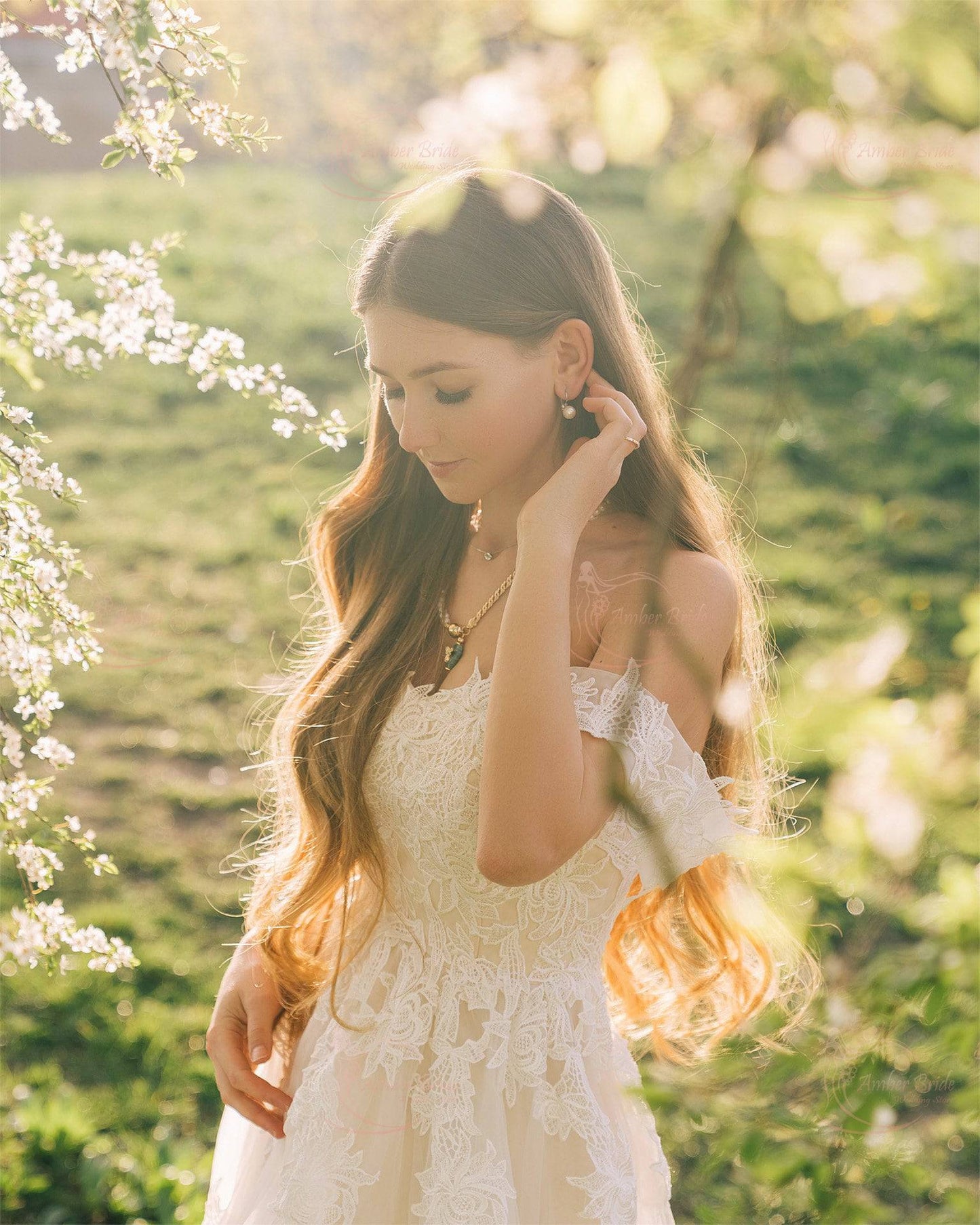 Boho A-Line Off-Shoulder Wedding Dress with Flower Appliques