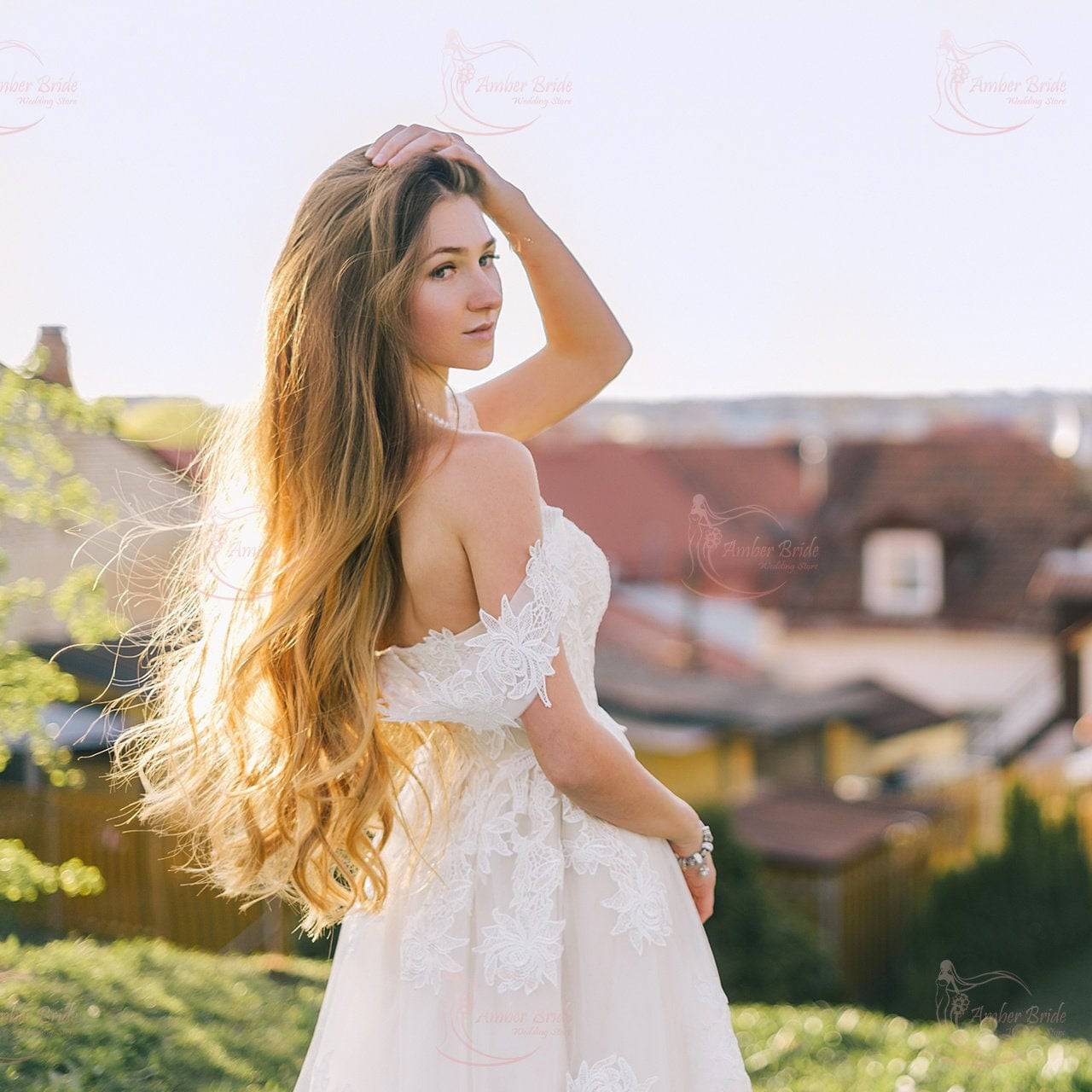Boho A-Line Off-Shoulder Wedding Dress with Flower Appliques