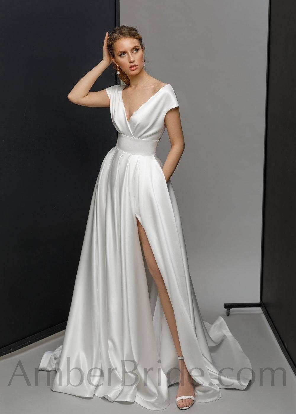 White Long A-line V-neck Satin Backless Wedding Dresses with Slit