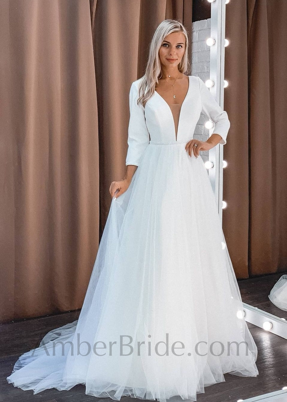 A-line Unique Simple Long Satin Strapless Wedding Dresses, Bridal Gowns  WD108