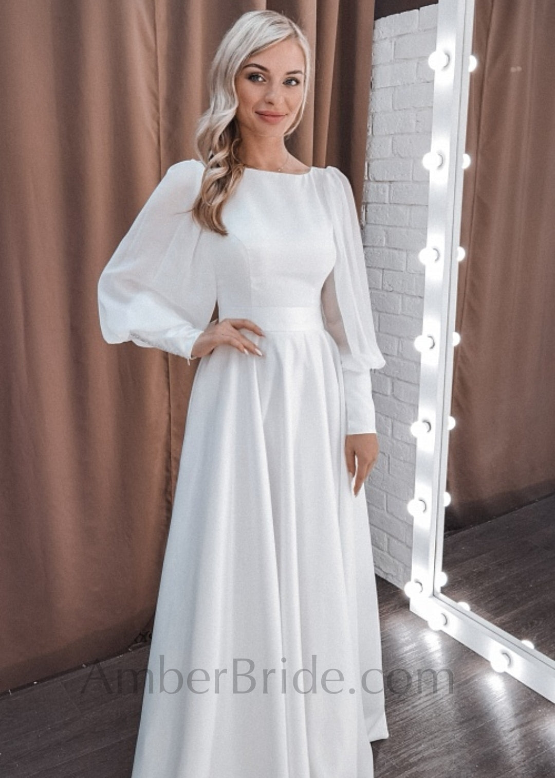 Minimalist A Line Satin Wedding Dress with Boat Neck and Bishop Sleeves