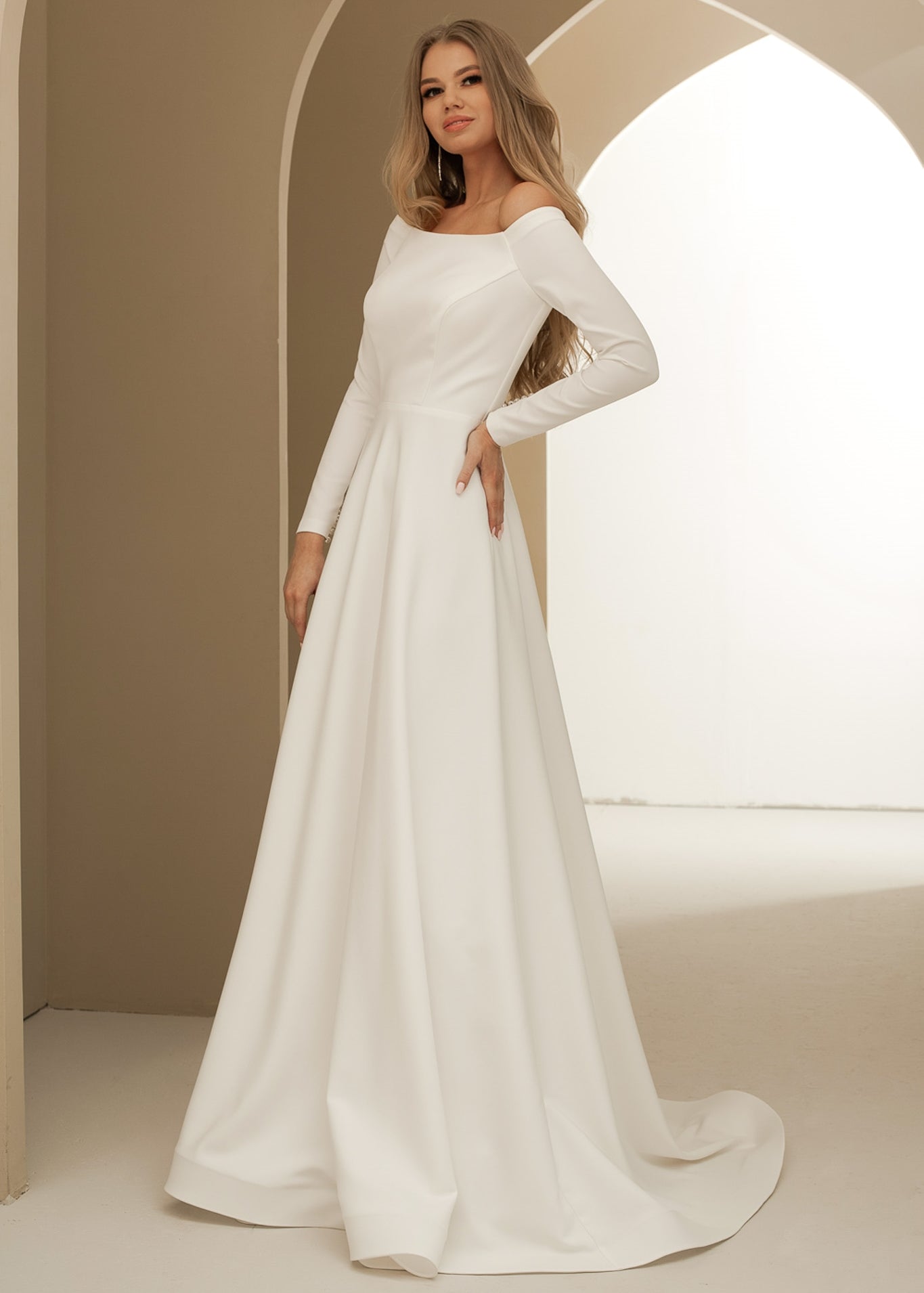 Simple A Line Long Off Shoulder Sleeve Crepe Wedding Dress