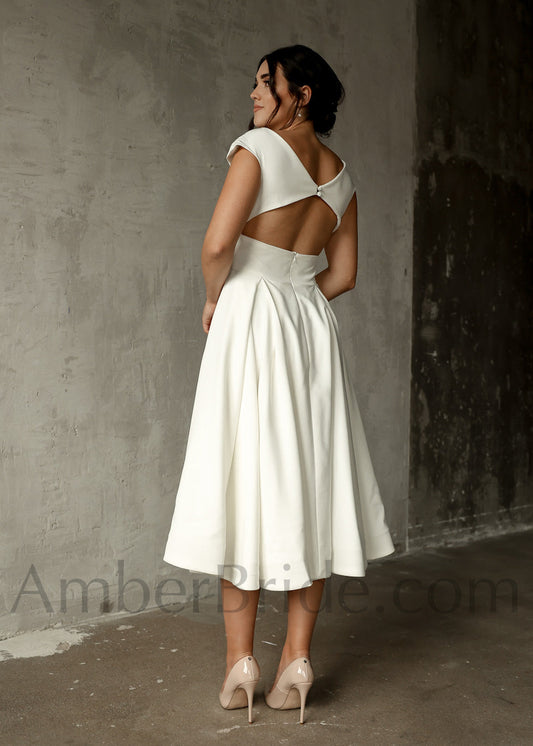 Elegant A-Line Tea Length Short Satin Dress with Cap Sleeves and Open Back