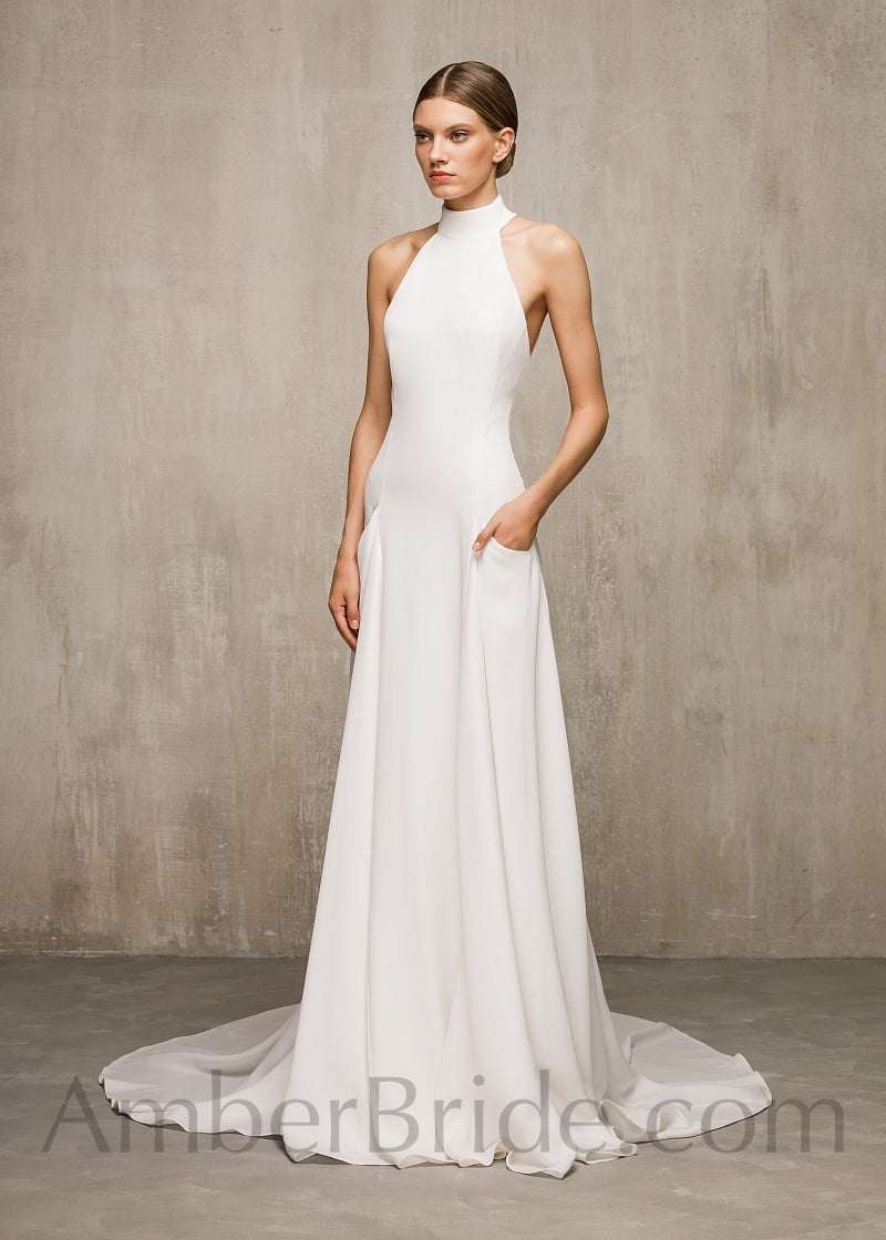 Simple Satin Sheath Wedding Dress with Halter Neck, Sleeveless and Backless  Design