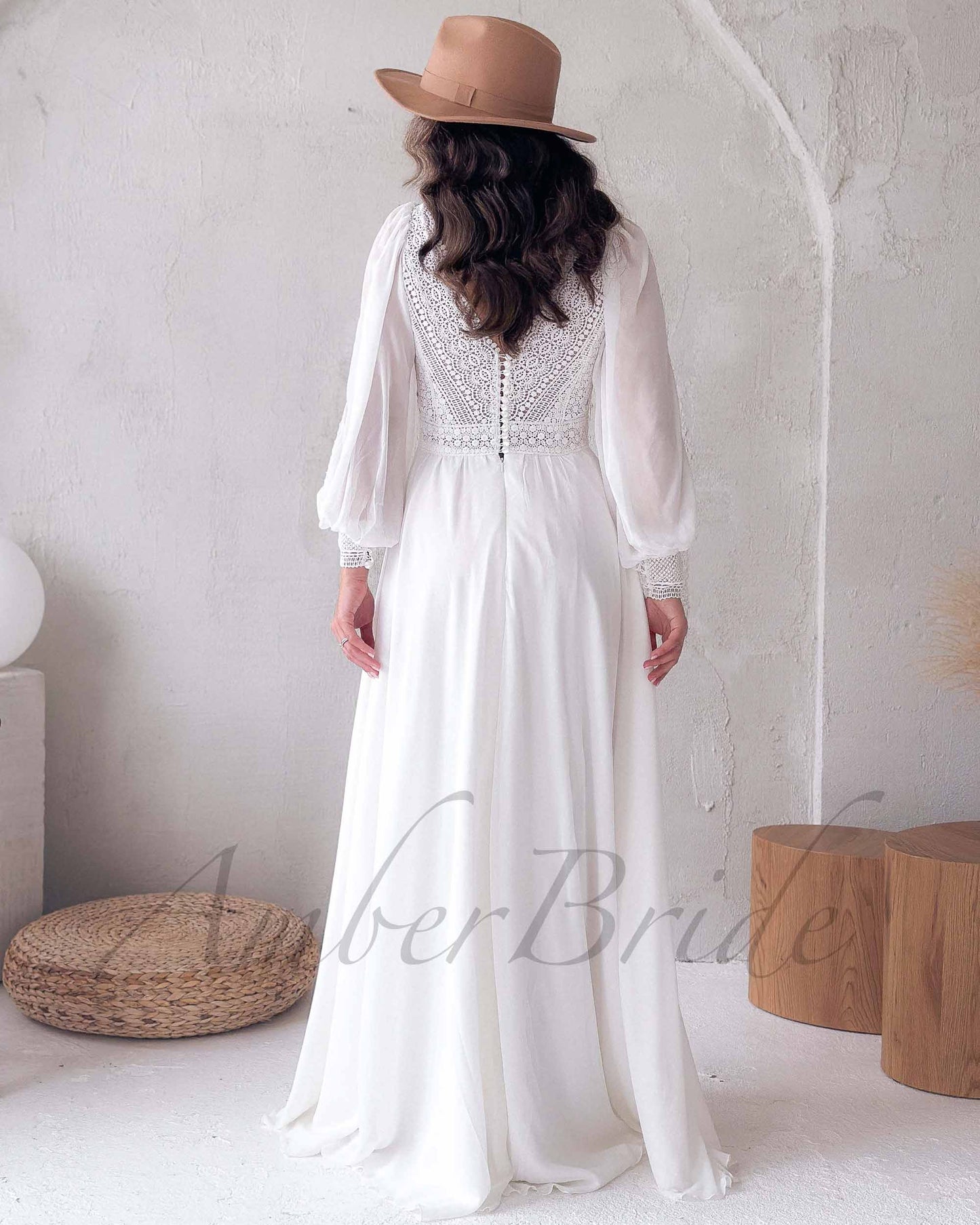 Boho A Line Lace Wedding Dress with Flowy Chiffon Skirt