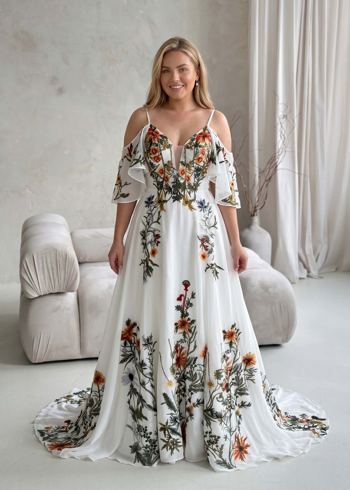 Colorful Floral A-Line Wedding Dress with Detachable Off-Shoulder Sleeves