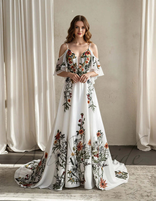 STOCK SELL-OUT: Colorful Floral A-Line Wedding Dress with Detachable Off-Shoulder Sleeves