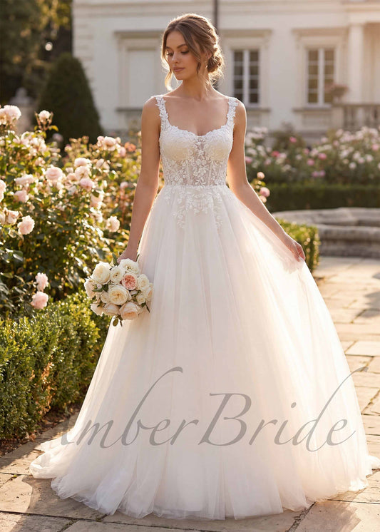 Rustic Wedding Dress with Floral Appliques with Glittering Tulle Skirt
