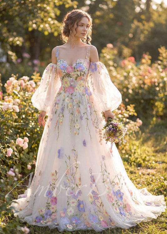 Colorful Floral Wedding Dress with Detachable Puffy Sleeves