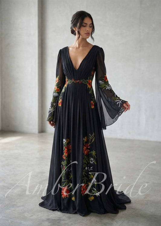 Bohemian Black A-Line Wedding Dress with Floral Embroidery and Flowing Bell Sleeves