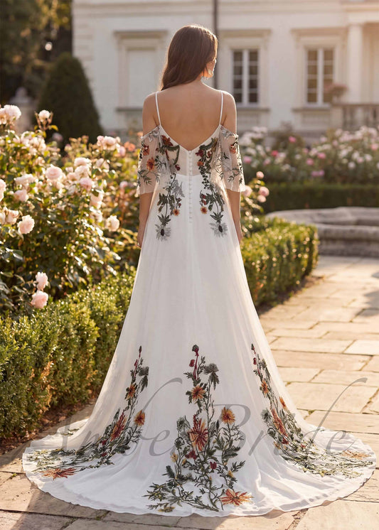 Forest Floral Chiffon Wedding Dress with Off Shoulder Embroidered Bodice