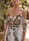 Off-shoulder chiffon wedding dress with floral embroidery, thin straps, deep V-neck, and sheer bodice detailing.