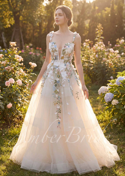 Rustic Floral Wedding Dress with Colorful Wildflower Appliques and Deep V-Neck