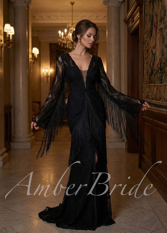 Bohemian Black Lace Wedding Dress with Fringe Sleeves