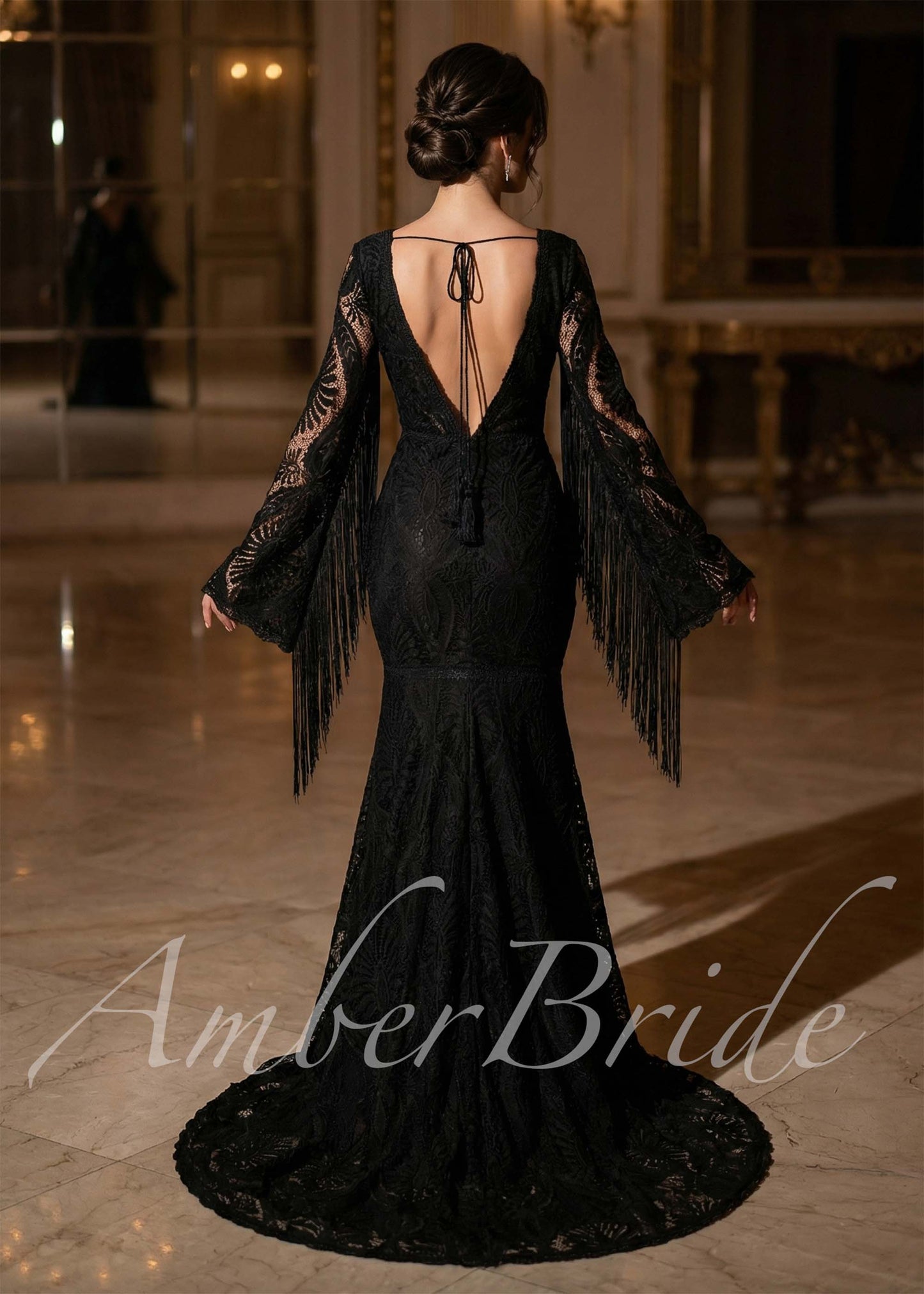 Black Bohemian Lace Wedding Dress with Fringe Sleeves Black Bohemian Lace Wedding Dress with Fringe Sleeves