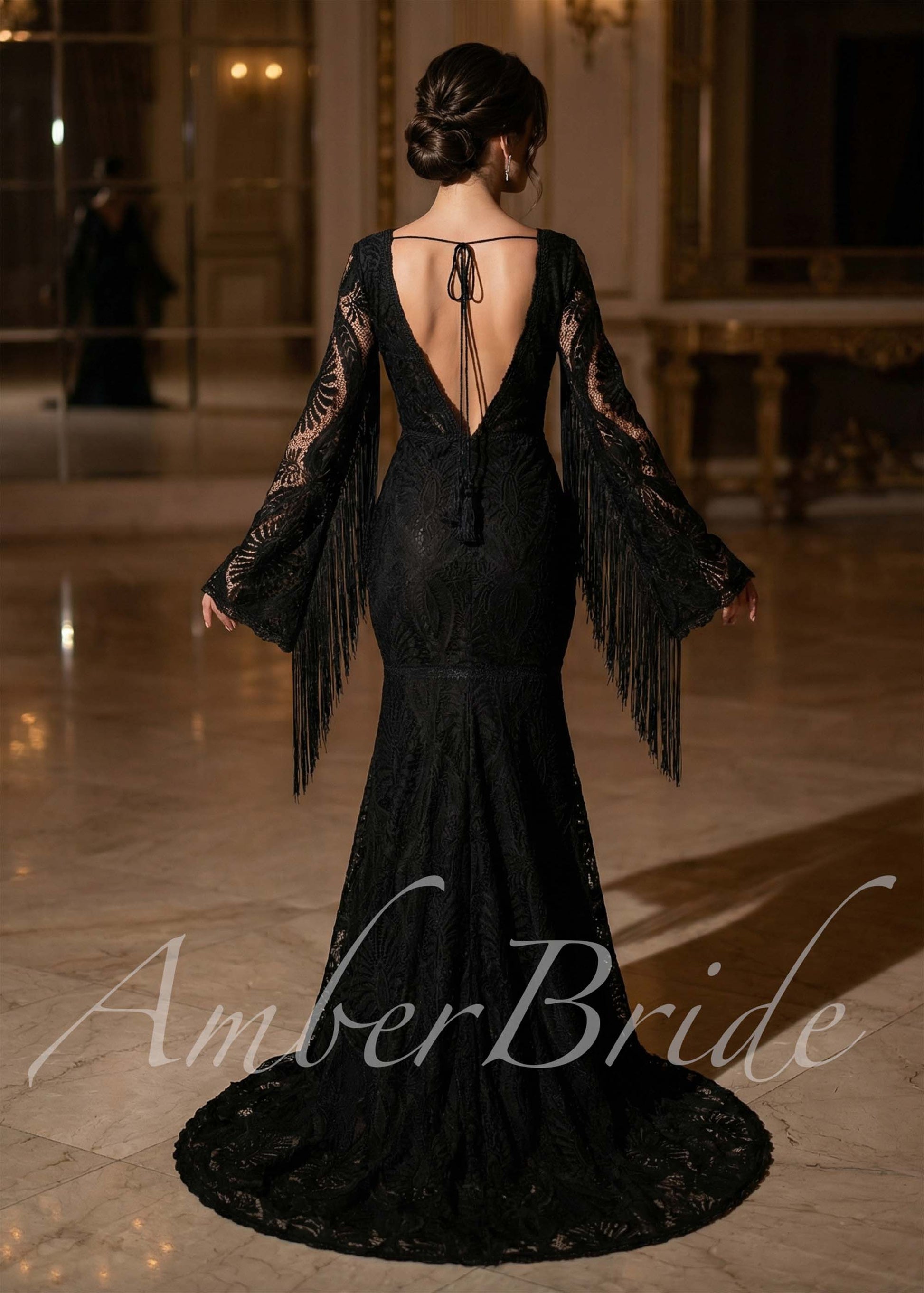 chinese dress ladies Black Bohemian Lace Wedding Dress with Fringe Sleeves