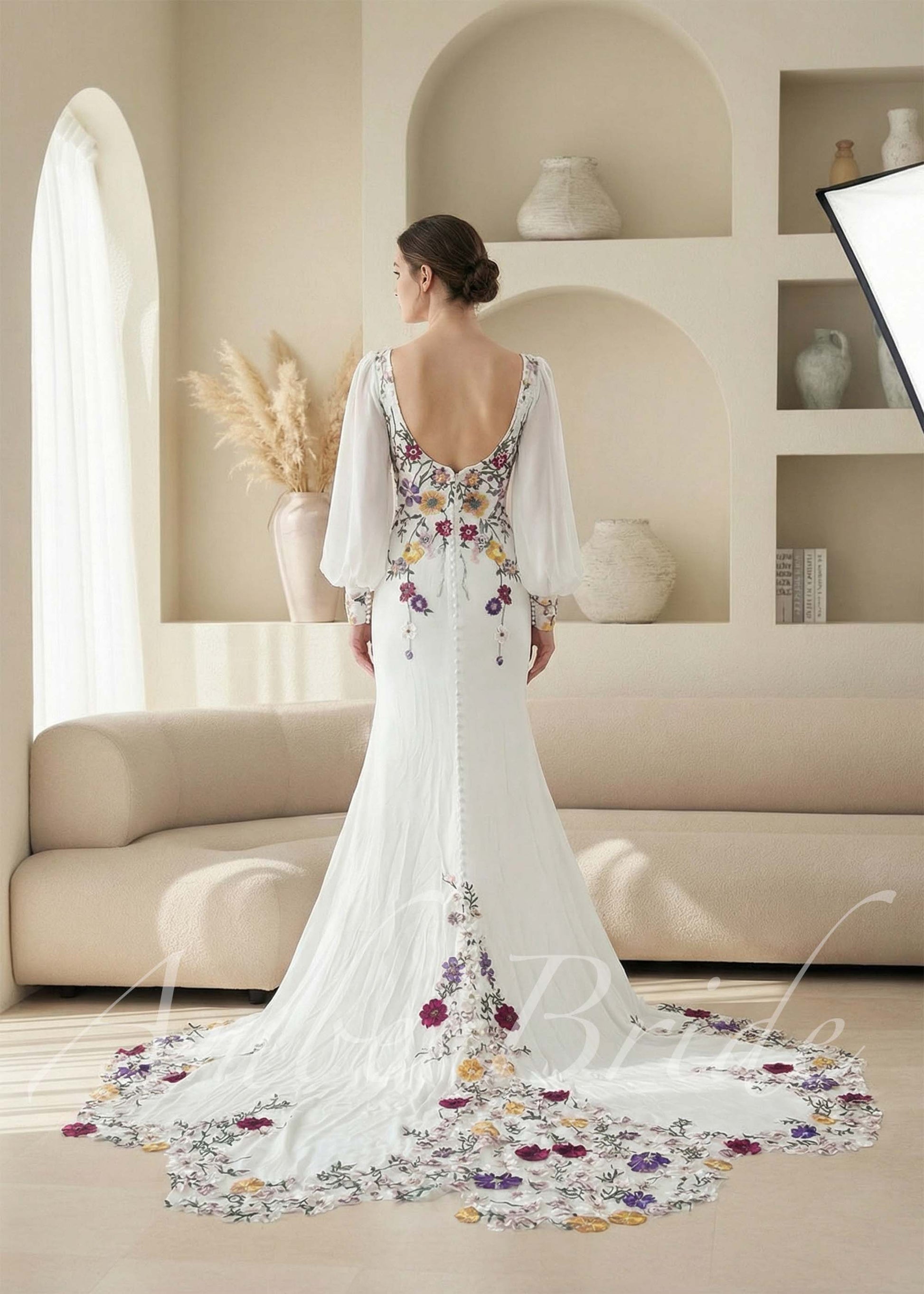 Modern Floral Embroidery Mermaid Wedding Dress with Long Puff Sleeves,  $449.00