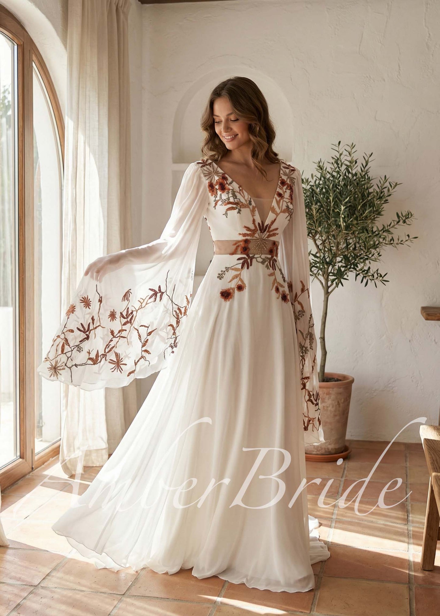 Bohemian Rust Floral Embroidered Wedding Dress with Dramatic Wing Sleeves
