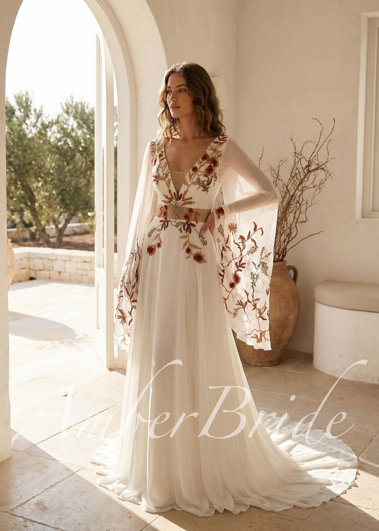 Bohemian Rust Floral Embroidered Wedding Dress with Dramatic Wing Sleeves