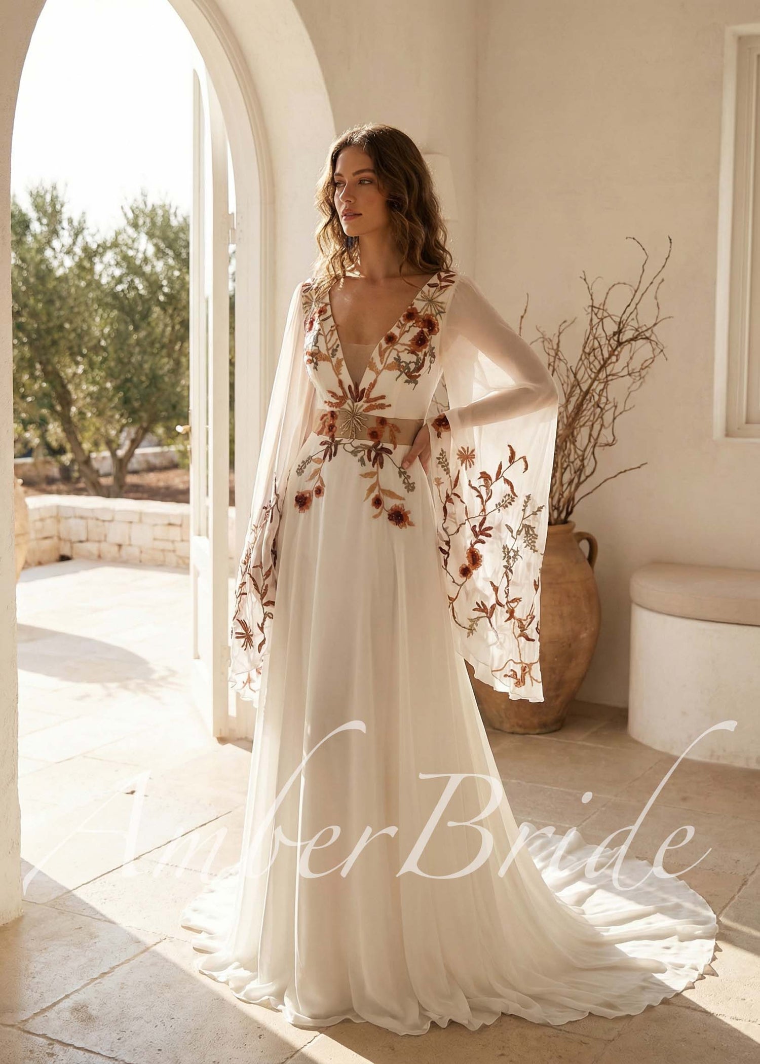 Rust-Colored Embroidered Boho Wedding Dress with Wing Sleeves