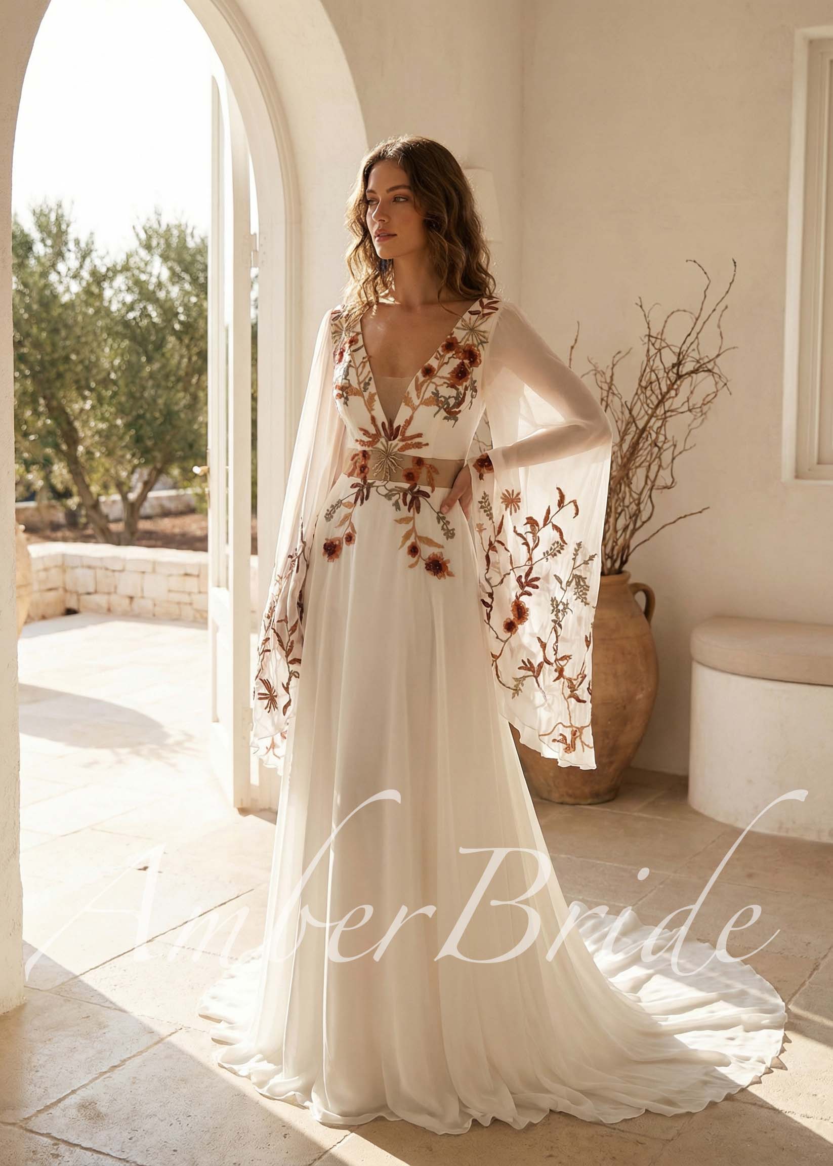 Rust-Colored Embroidered Boho Wedding Dress with Wing Sleeves Rust-Colored Embroidered Boho Wedding Dress with Wing Sleeves