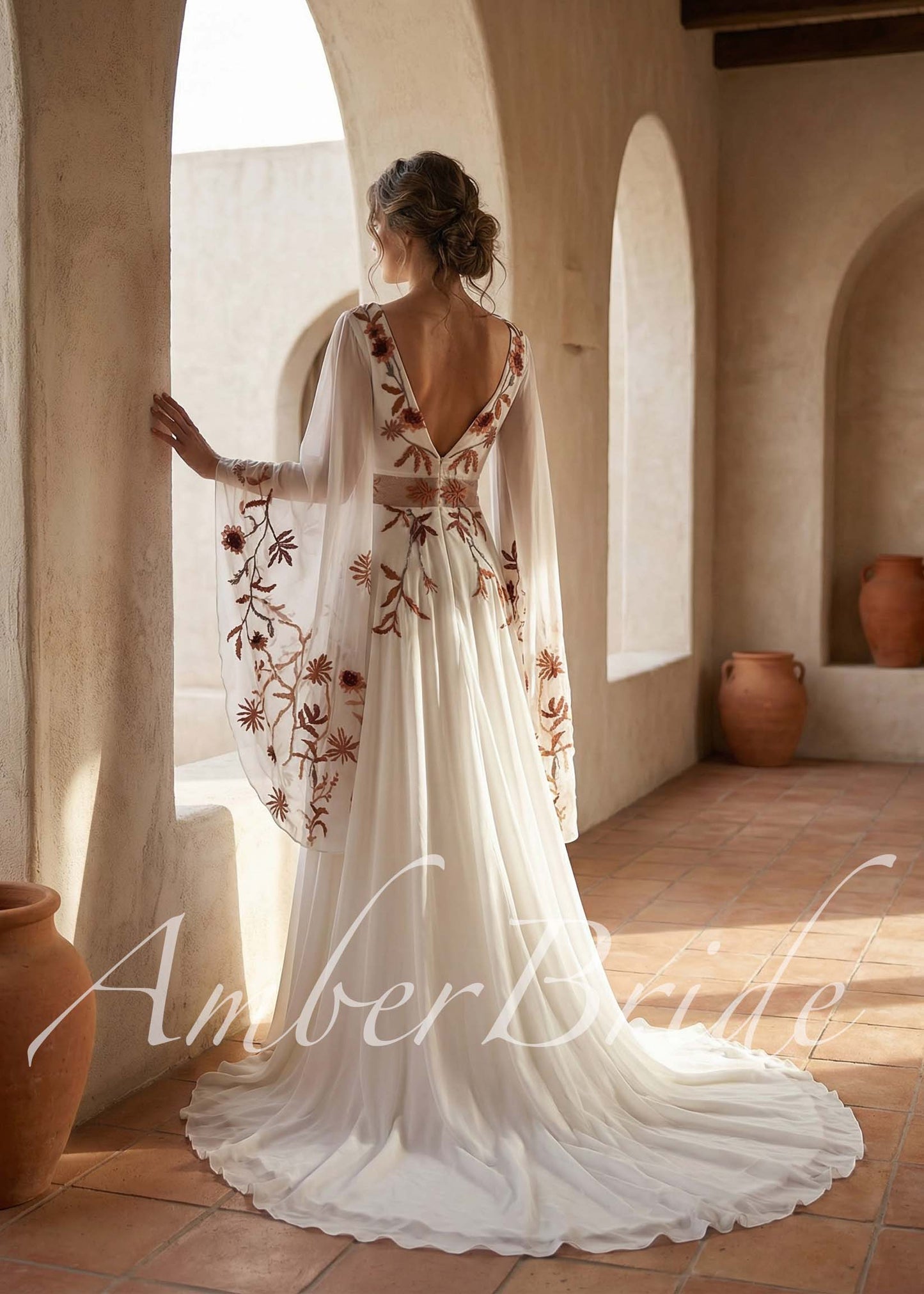 Bohemian Rust Floral Embroidered Wedding Dress with Dramatic Wing Sleeves
