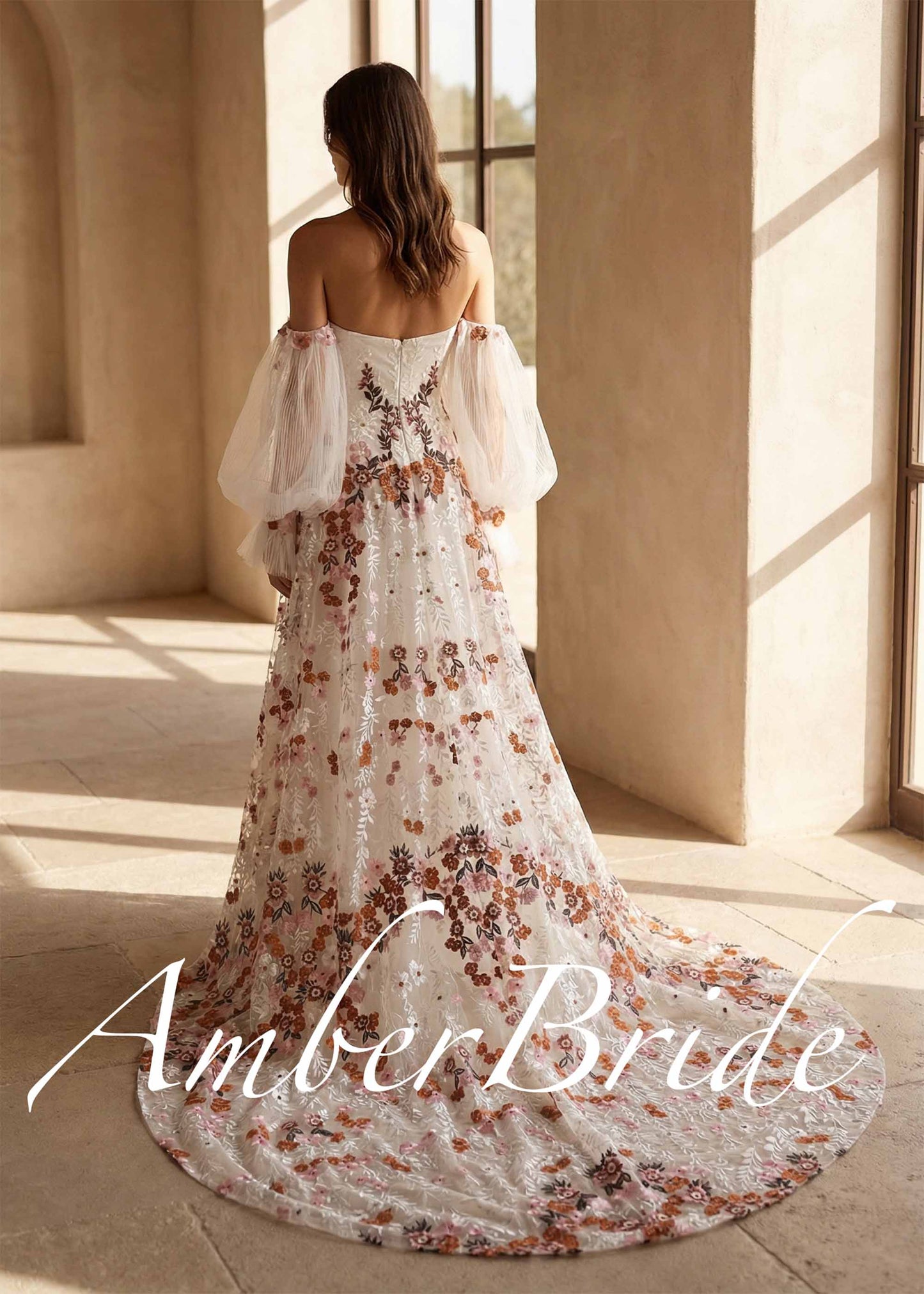 Boho Strapless Wedding Dress with Colorful Floral Embroidery and Detachable Puffy Sleeves