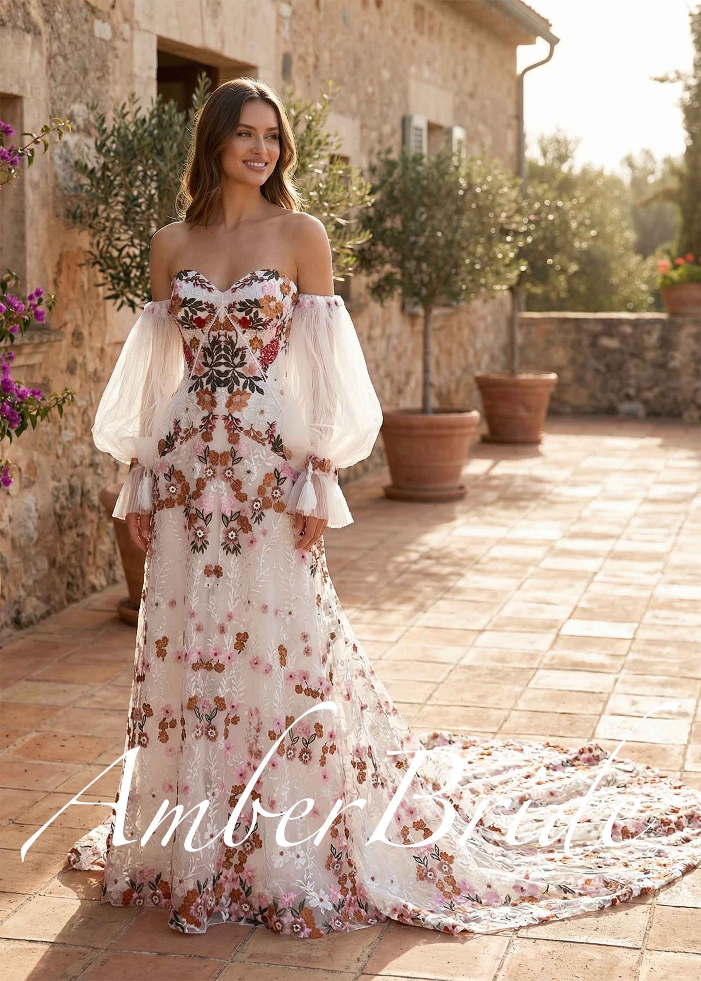 Boho Strapless Wedding Dress with Colorful Floral Embroidery and Detachable Puffy Sleeves