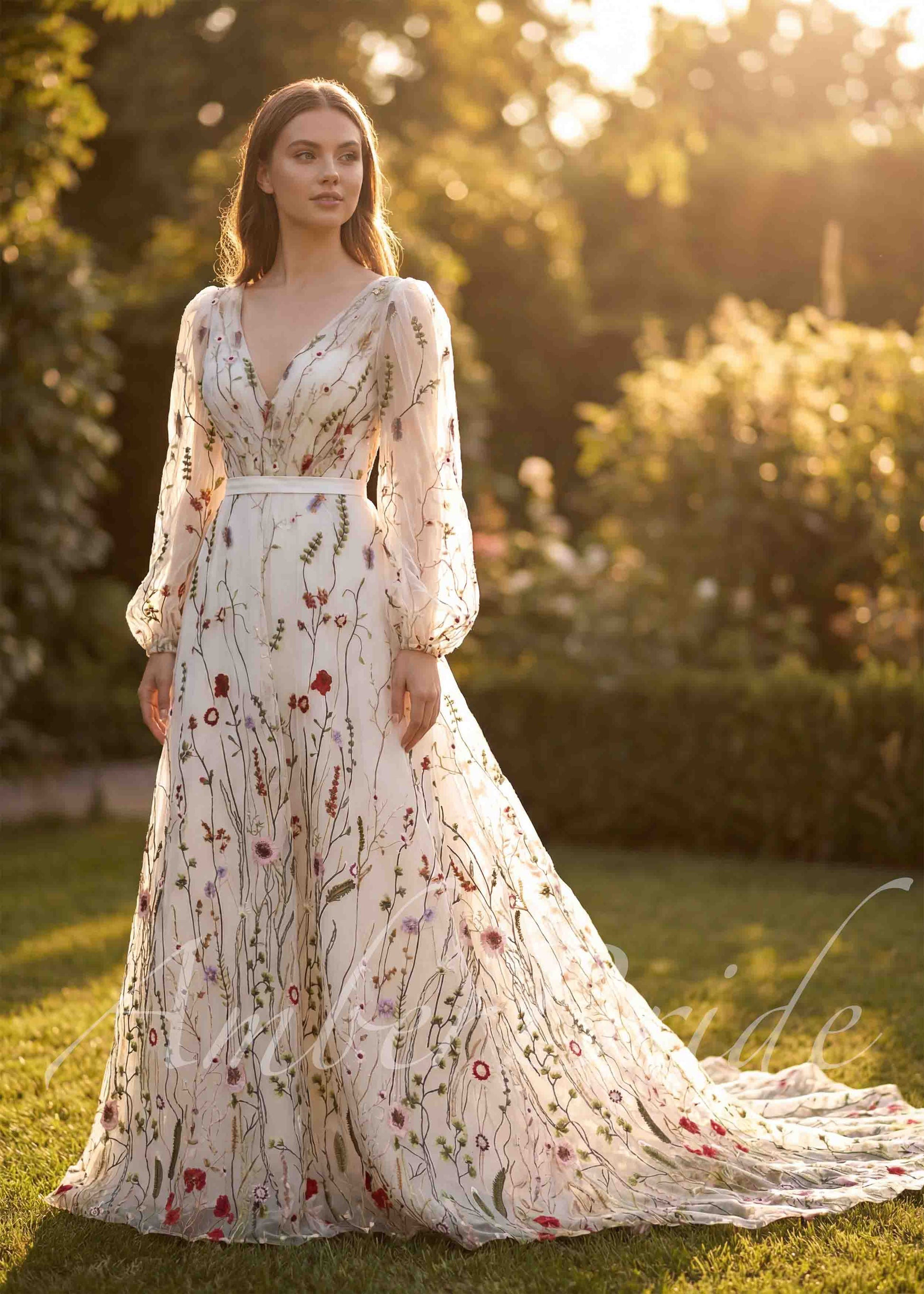 V-neck wedding dress with long sheer puff sleeves, white organza with colorful wildflower embroidery, A-line silhouette.