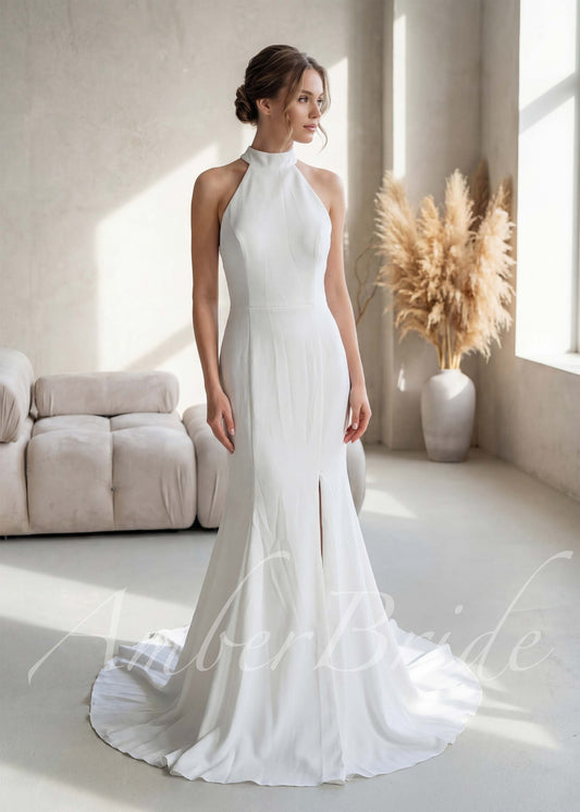 Simple Mermaid Satin Wedding Dress with Halter Neck and Backless Design