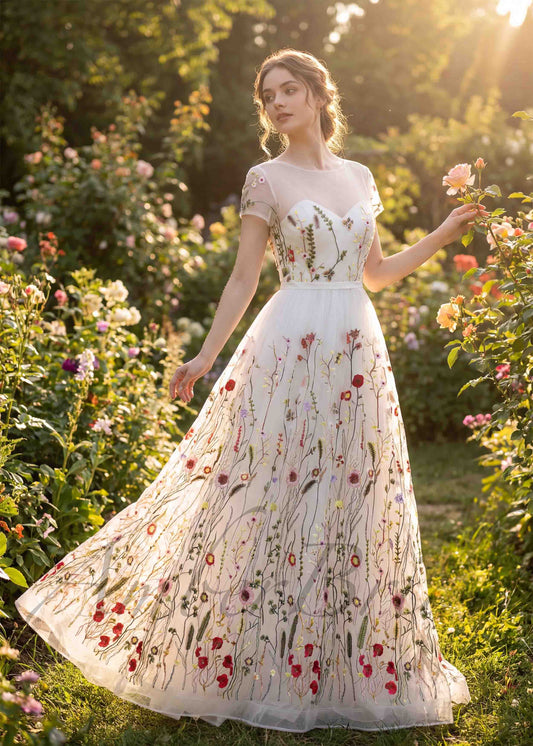 Romantic A-Line Wedding Dress with Colorful Embroidered Flowers