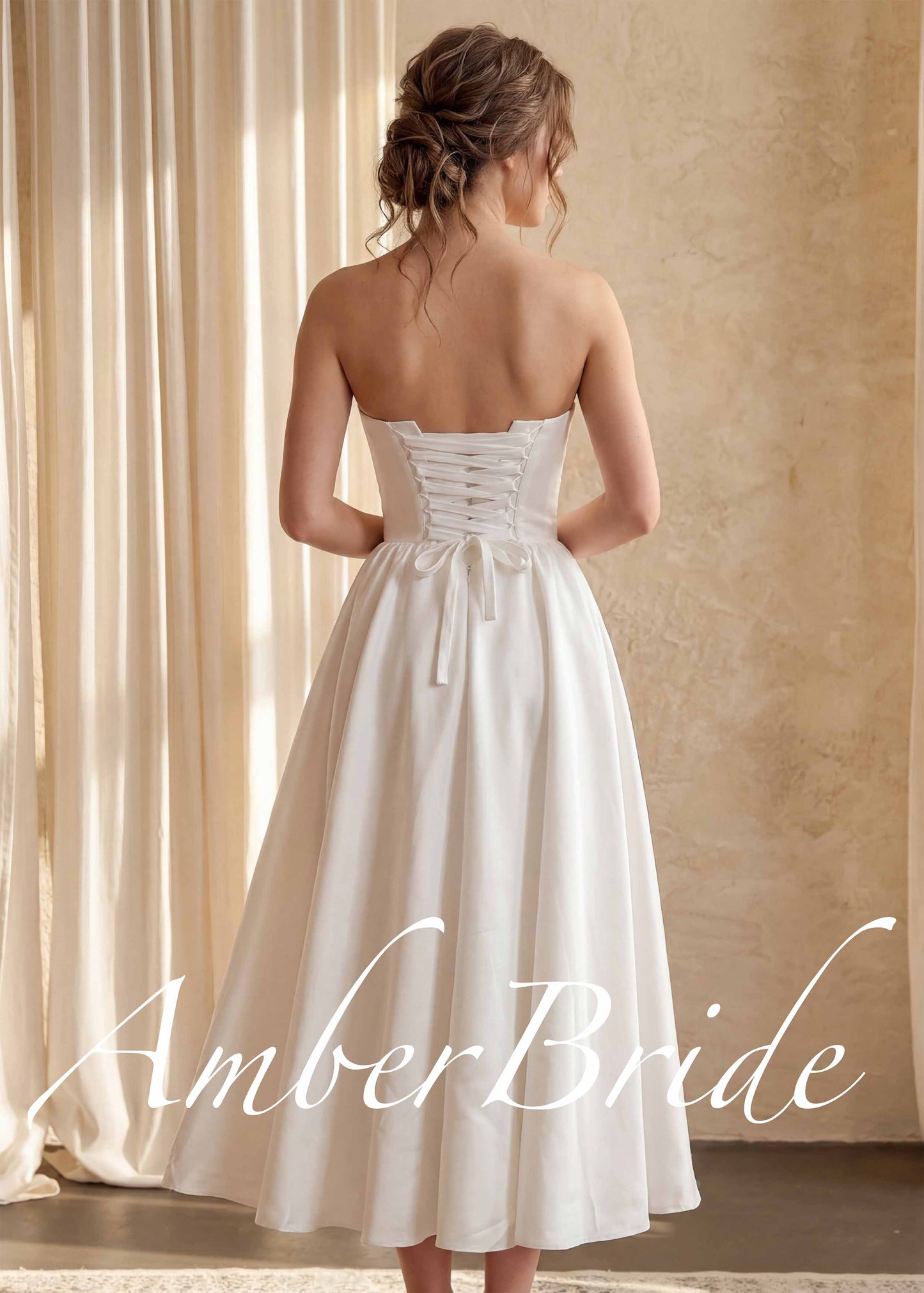Tea-Length Wedding Reception Dress with Basque Waistline and Satin Bodice
