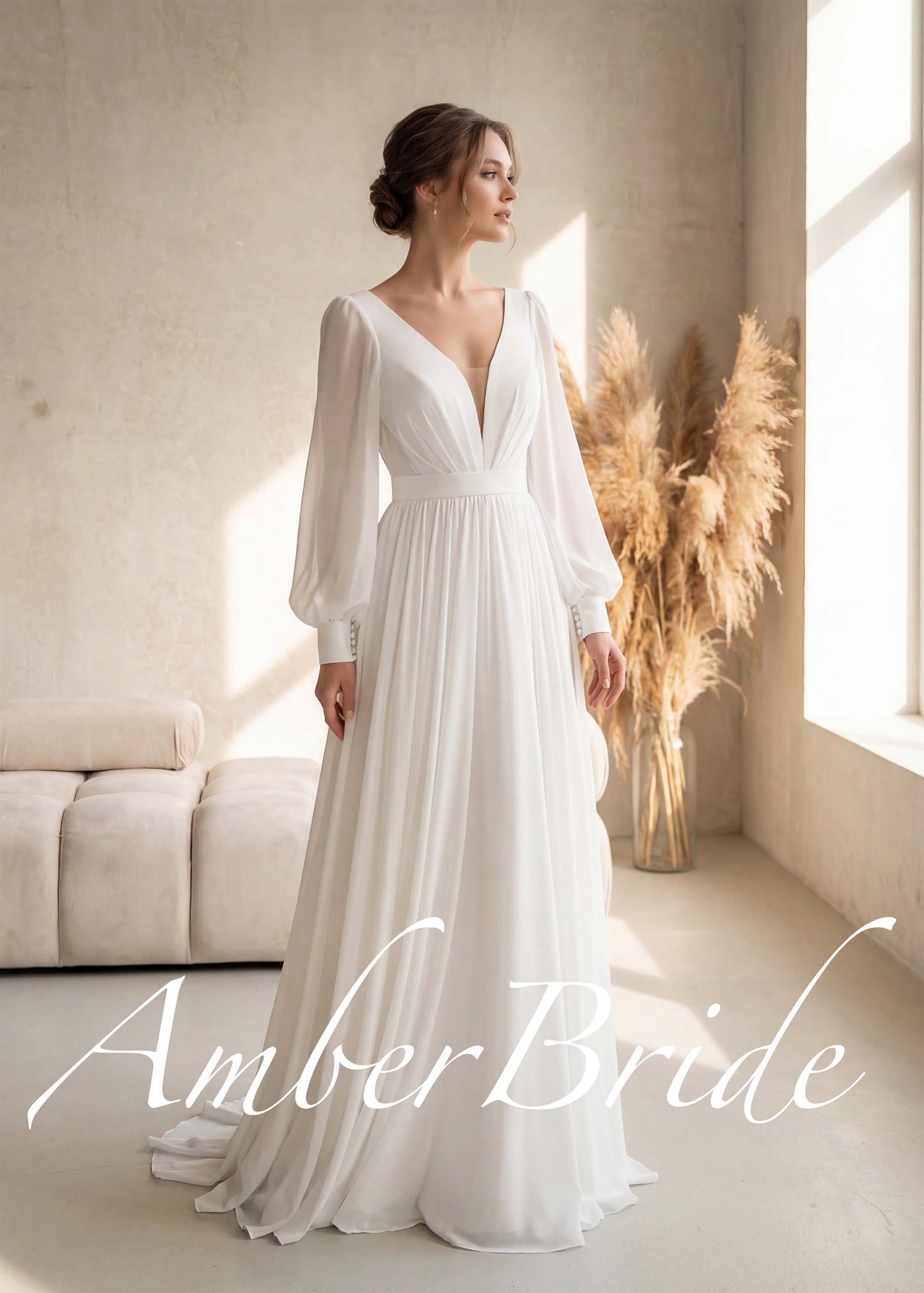 Elegant Flowy Chiffon Wedding Dress with Long Puffy Sleeve and Open Back