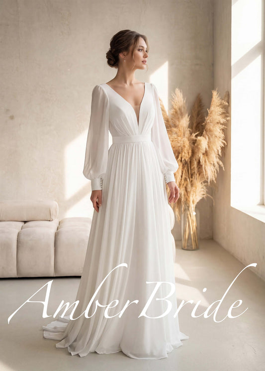 Elegant Flowy Chiffon Wedding Dress with Long Puffy Sleeve and Open Back