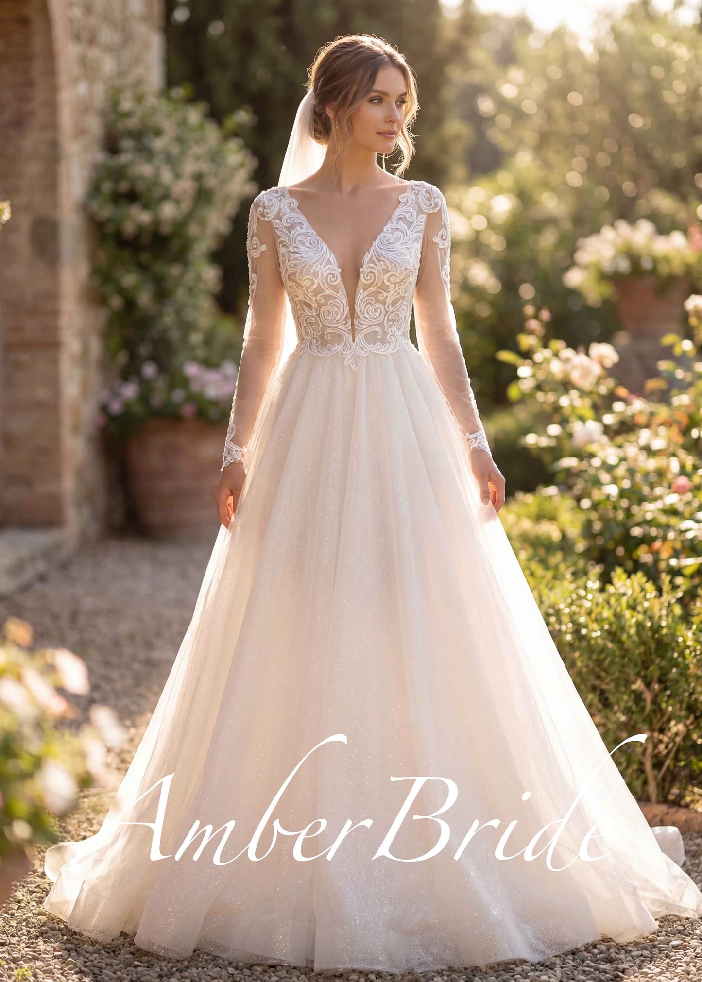 STOCK SELL-OUT: Boho A-Line Wedding Dress with Floral Appliques and Sheer Sleeves
