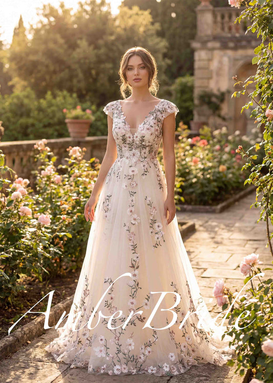 Romantic A-Line Wedding Dress with Floral Embroidery and Cap Sleeve