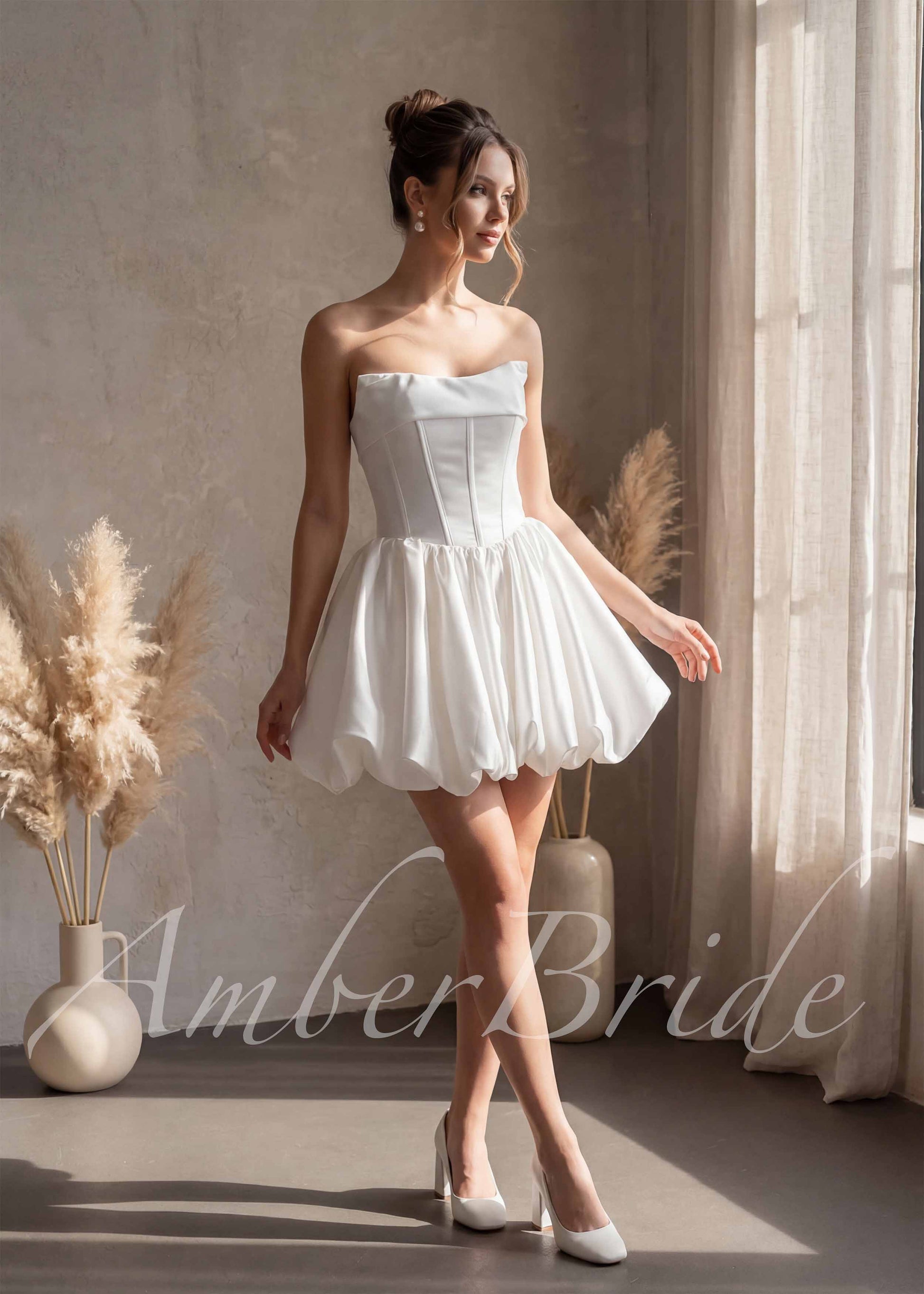Puffy Knee Length Satin Dress with Strapless Bodice for Wedding | AmberBride Puffy Knee Length Satin Dress with Strapless Bodice for Wedding | AmberBride